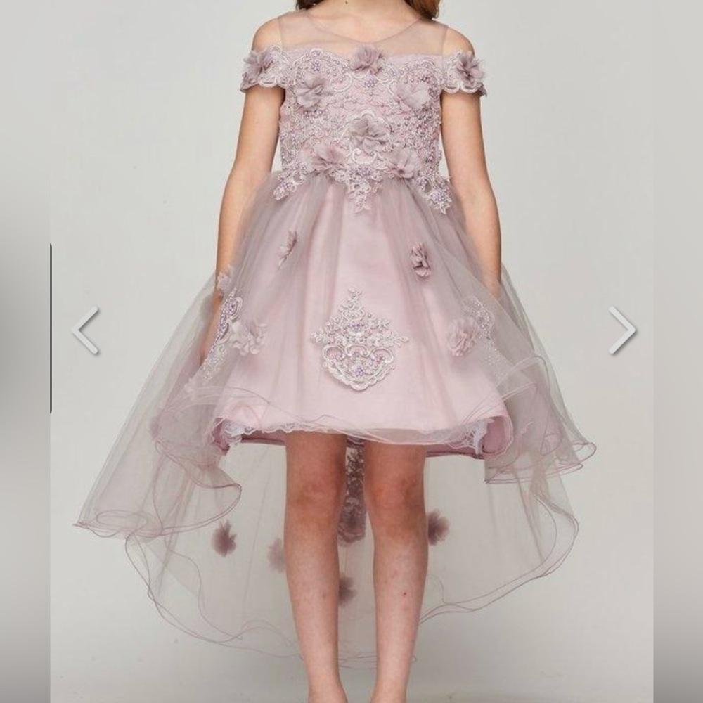 Lala & Erina Los Angeles Pink Floral Off Shoulder High Low Flower Girl Dress
